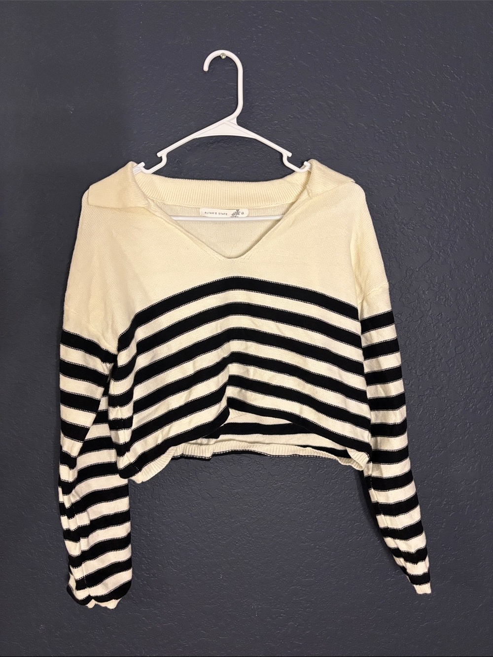 Altar'd State Cream and Black Striped V-Neck Cropped Sweater